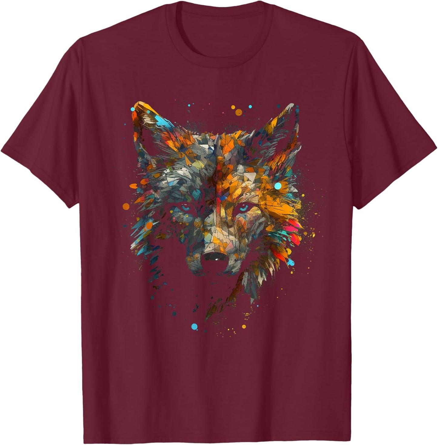 Wolf Colourful Autumn Leaves - Animal Art Motif Wolf T-Shirt - T-Shirt | Maroon