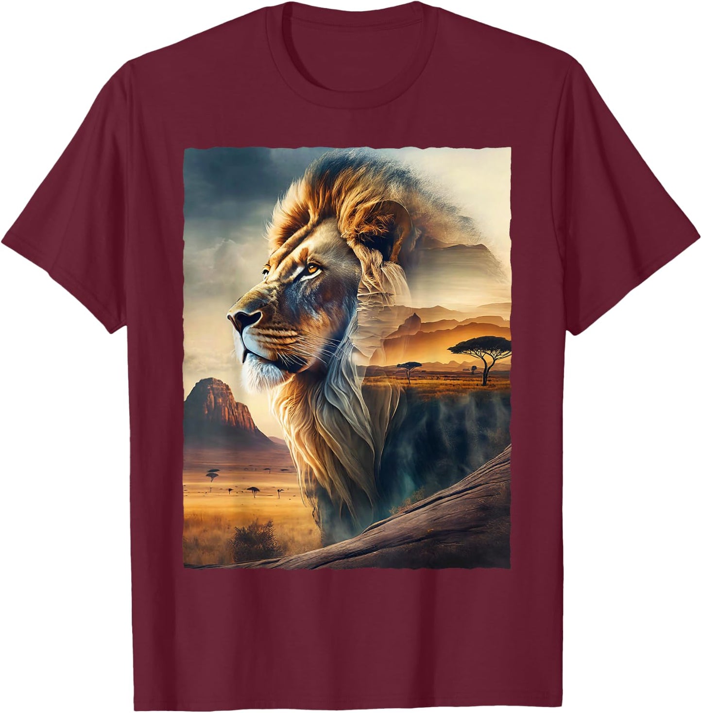 Lion and African Landscape T-Shirt - T-Shirt | Maroon