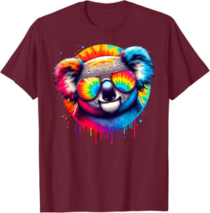 Cool Tie Dye Sunglasses Koala Graphic Illustration Art T-Shirt - T-Shirt | Maroon