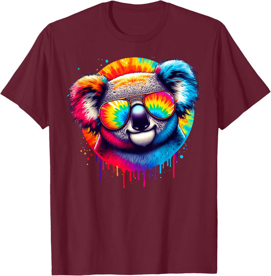 Cool Tie Dye Sunglasses Koala Graphic Illustration Art T-Shirt - T-Shirt | Maroon