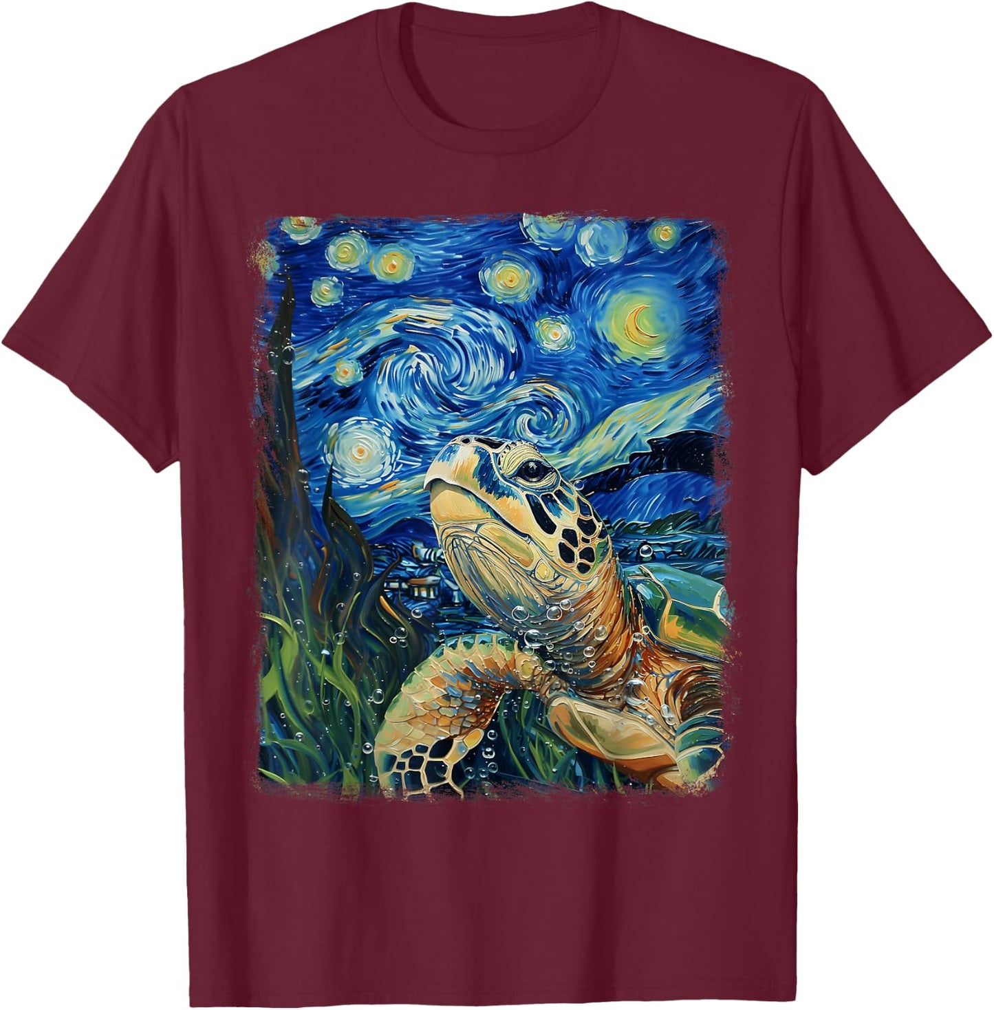 Sea Turtle Ocean Starry Night Painting T-Shirt - T-Shirt | Maroon