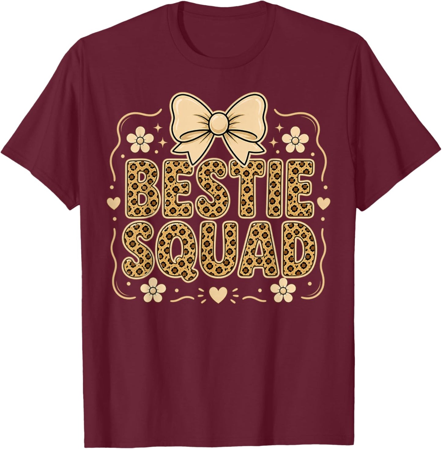 Bestie Squad Leopard Bow Best Friends Matching Girls Party T-Shirt - T-Shirt | Maroon
