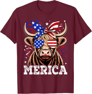 4th Of July Highland Cow Merica American Farm Men Women T-Shirt - T-Shirt | Maroon