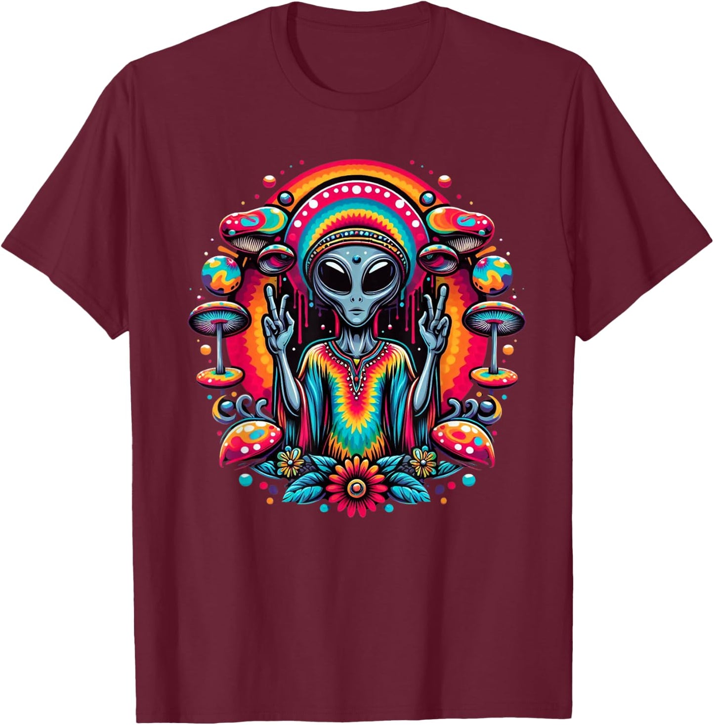 Tie Dye Alien Peace Sign Funny Boho Hippie T-Shirt - T-Shirt | Maroon