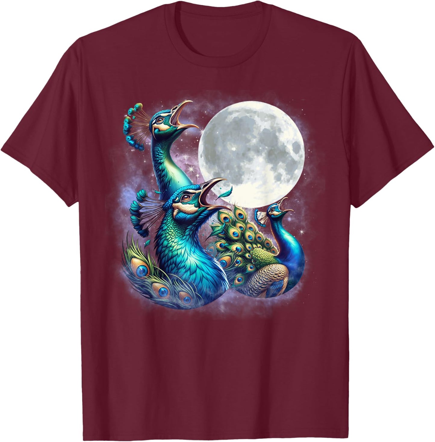 Three Peacocks Moon Funny Peacock Howling Wolfs Moon Parody T-Shirt - T-Shirt | Maroon