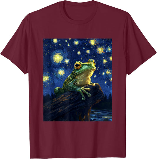 Funny Frog Graphic - Van Gogh Style - Starry Night T-Shirt - T-Shirt | Maroon