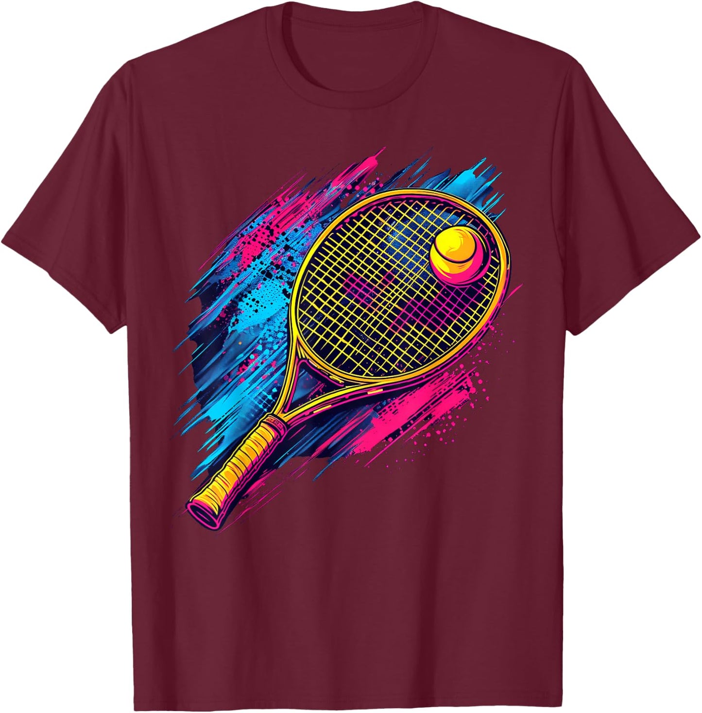 Colorful painted Tennis Racket and Ball on artistic Tennis T-Shirt - T-Shirt | Maroon