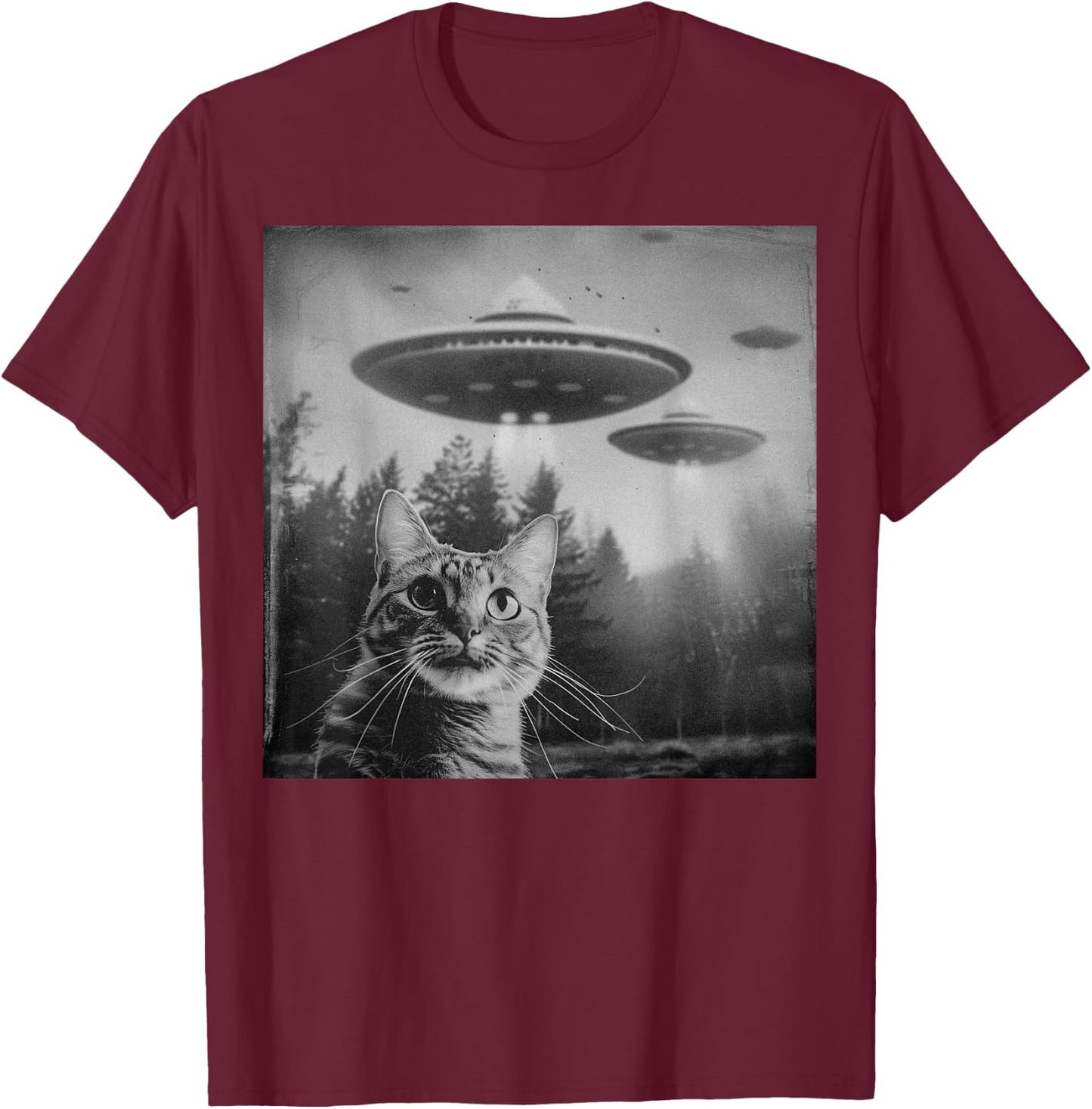 Funny Cat UFO Alien Weirdcore Aesthetic Artwork T-Shirt - T-Shirt | Maroon