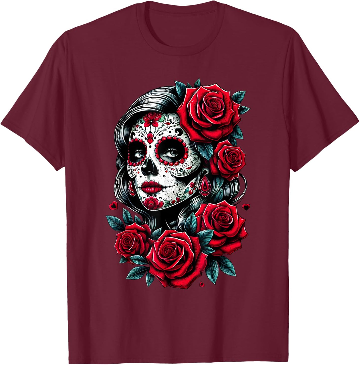 Dia de Muertos Cinco de Mayo Sugar Skull Women Red Roses T-Shirt - T-Shirt | Maroon