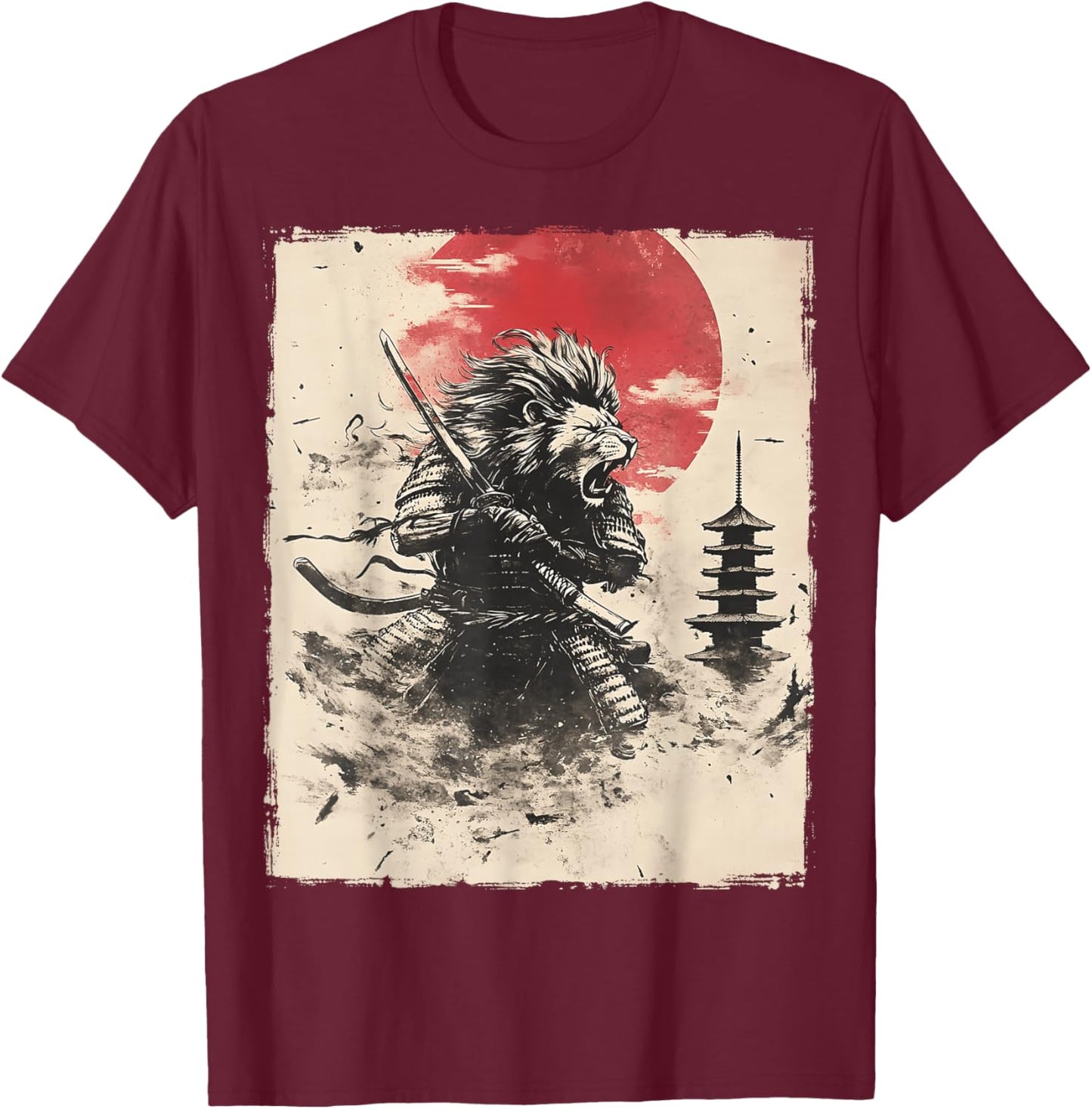 Samurai Lion Japanese Funny Vintage Ukiyo-e Art T-Shirt - T-Shirt | Maroon
