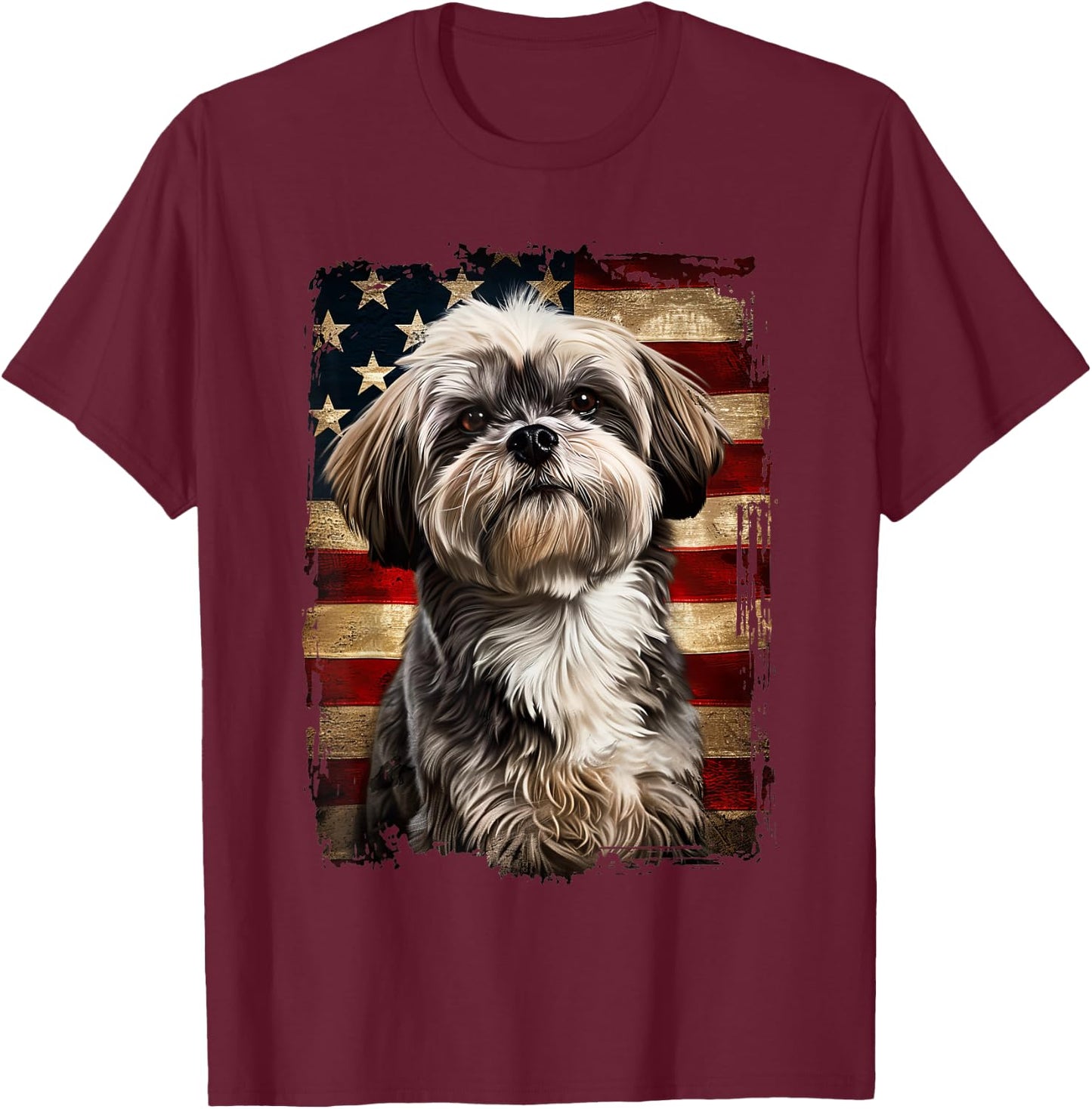 Lhasa Apso American Flag T-Shirt - T-Shirt | Maroon