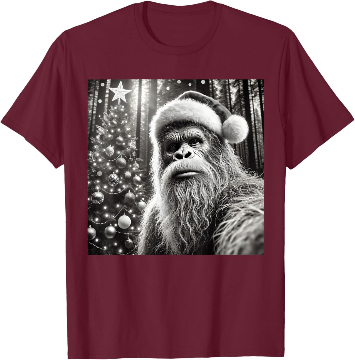 Funny Christmas Bigfoot -Adults Bigfoot Selfie with Christmas Tree Funny Sasquatch Design Black Short Sleeve Small T-Shirt - T-Shirt | Maroon