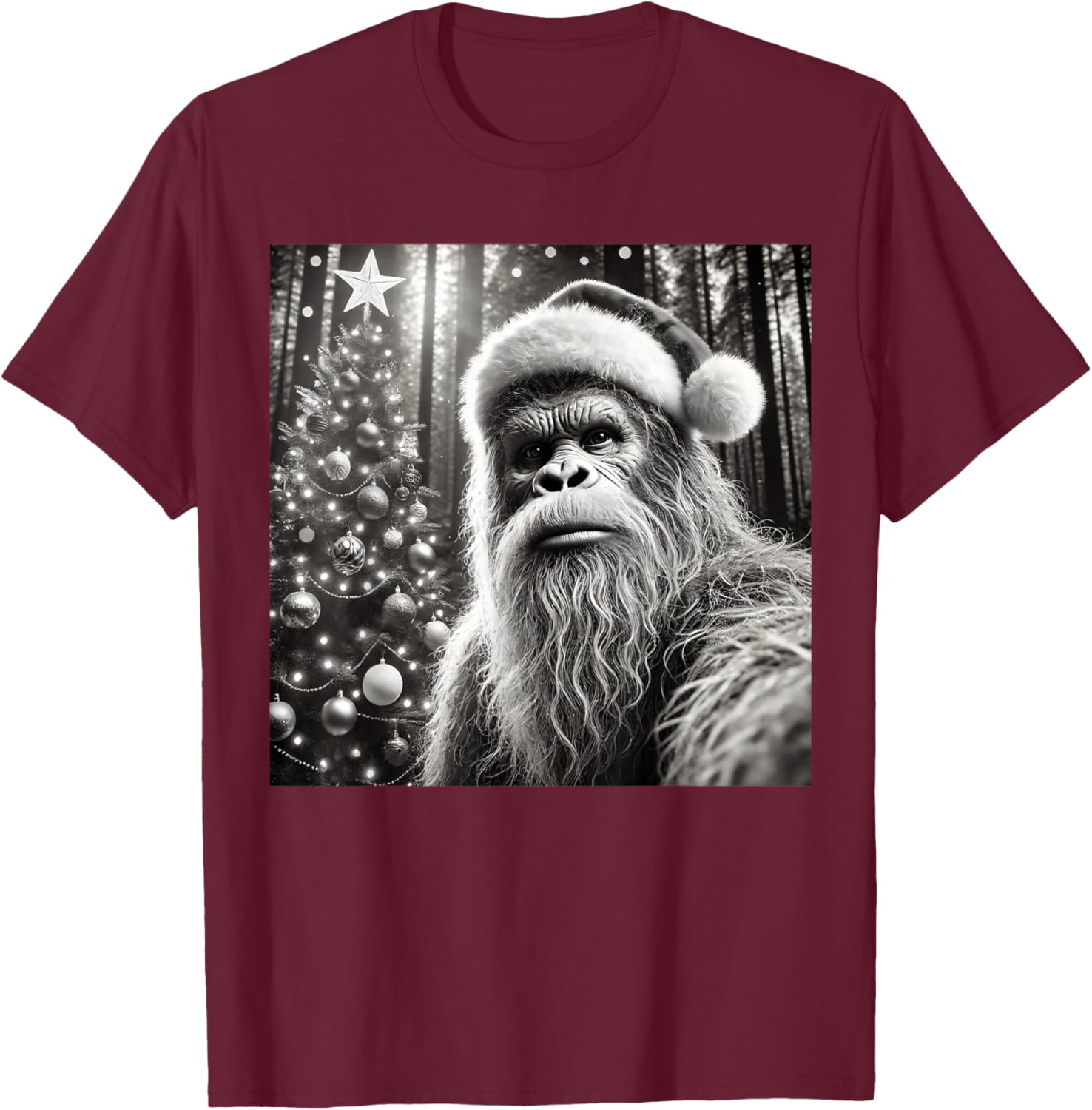 Funny Christmas Bigfoot -Adults Bigfoot Selfie with Christmas Tree Funny Sasquatch Design Black Short Sleeve Small T-Shirt - T-Shirt | Maroon