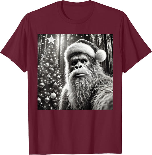 Funny Christmas Bigfoot -Adults Bigfoot Selfie with Christmas Tree Funny Sasquatch Design Black Short Sleeve Small T-Shirt - T-Shirt | Maroon