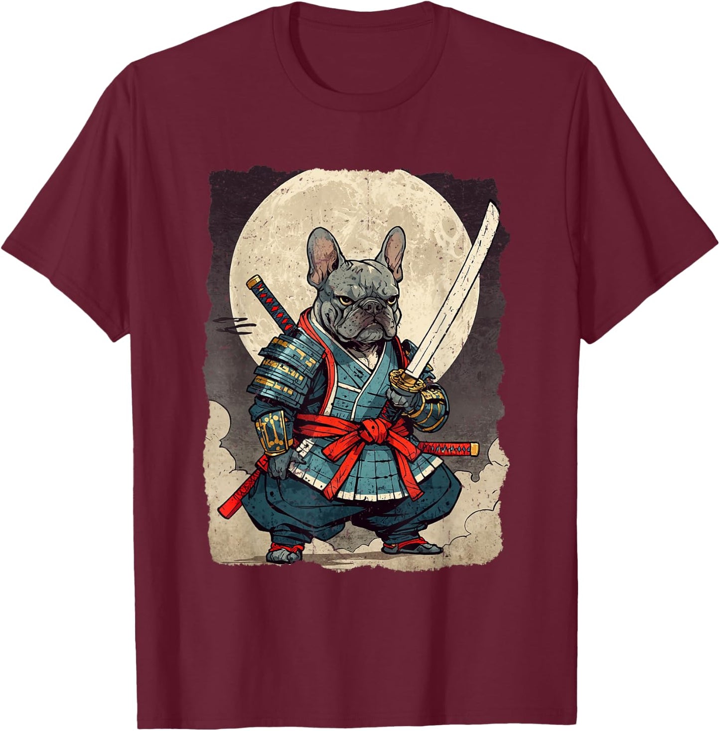 Bulldog Samurai Japanese Retro Ukiyoe Warrior French Bulldog T-Shirt - T-Shirt | Maroon