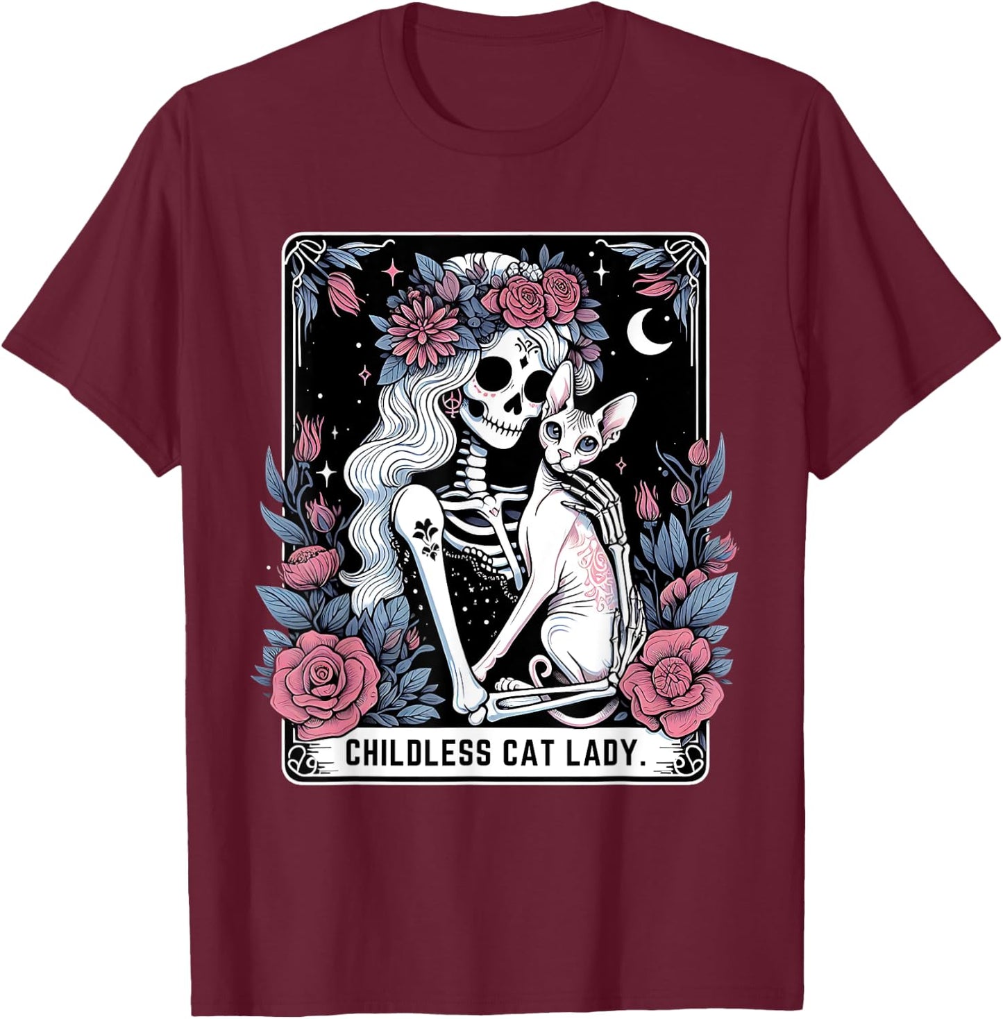 Childless Cat Lady Sphynx Tarot Card Cute Gothic Skeleton T-Shirt - T-Shirt | Maroon