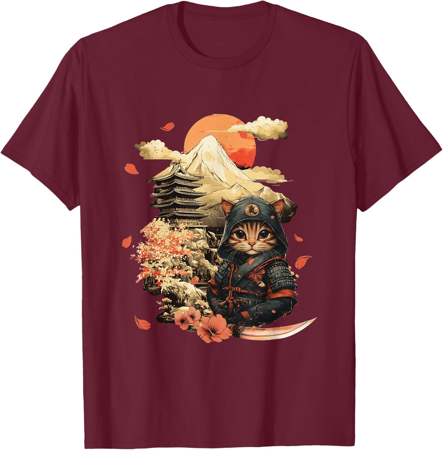 Vintage Japanese Samurai Ninja Cat Tattoo Kawaii T-Shirt - T-Shirt | Maroon