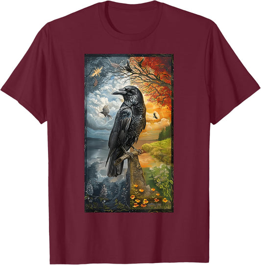 Ravens Journey Raven Moon Floral Nature Birds T-Shirt - T-Shirt | Maroon