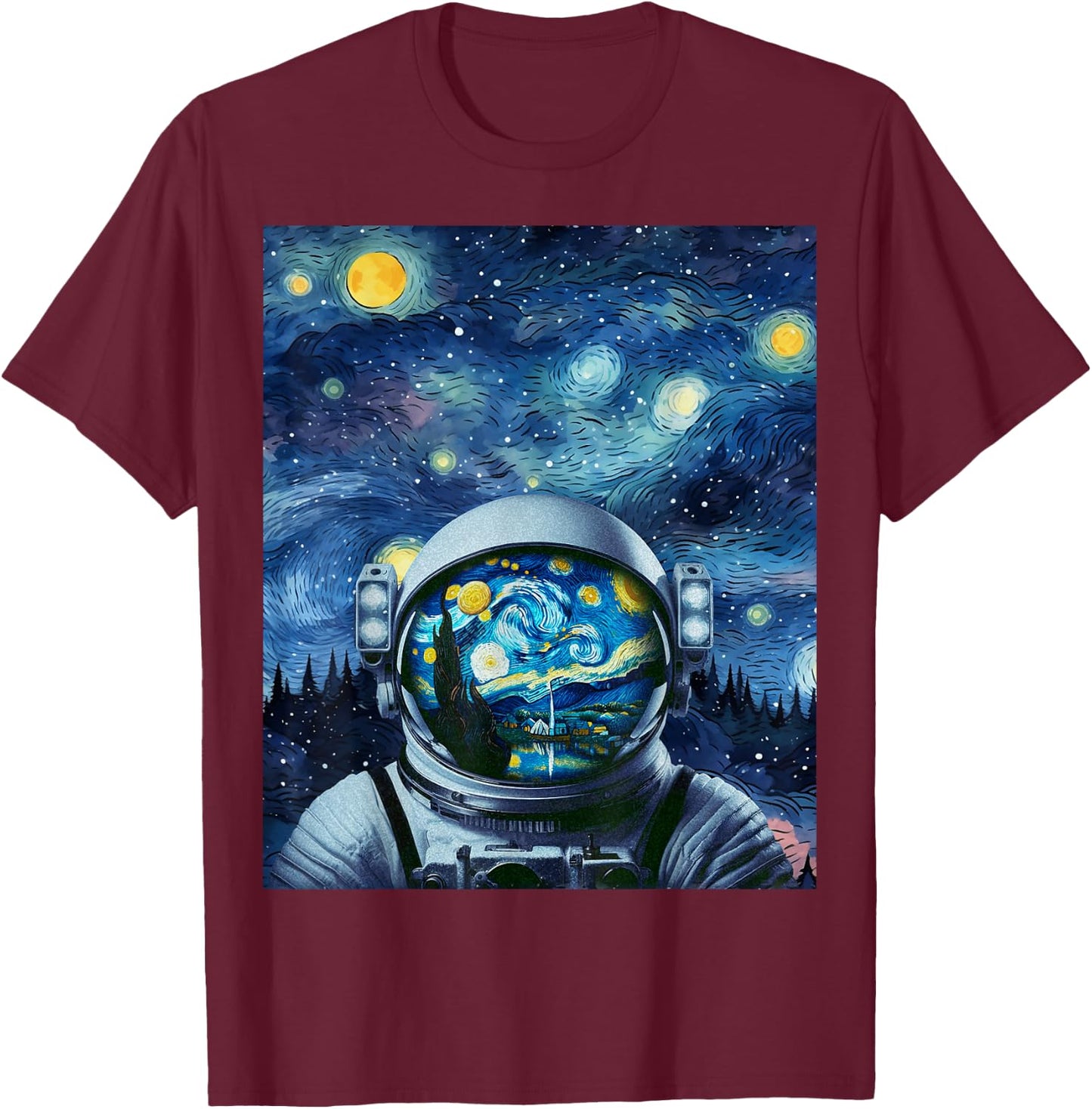 Graphic Van Gogh Starry Night Space Lovers Astronaut Lover T-Shirt - T-Shirt | Maroon