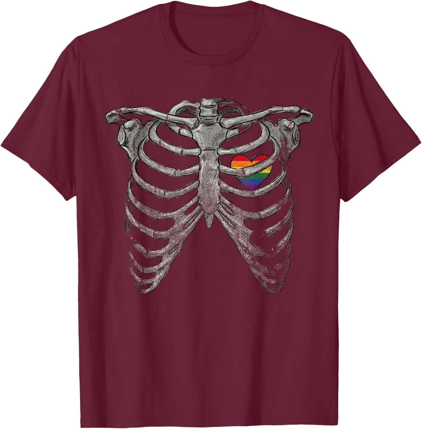 Rainbow Heart Pride Month Rib-Cage Skeleton LGBTQ Gay Les Bi T-Shirt - T-Shirt | Maroon
