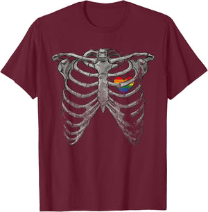 Rainbow Heart Pride Month Rib-Cage Skeleton LGBTQ Gay Les Bi T-Shirt - T-Shirt | Maroon