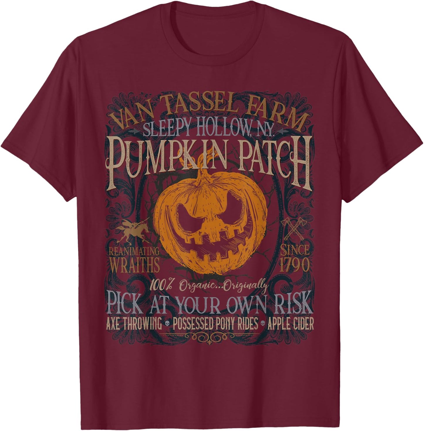 Sleepy Hollow Pumpkin Picking Farm Funny Halloween T-Shirt - T-Shirt | Maroon