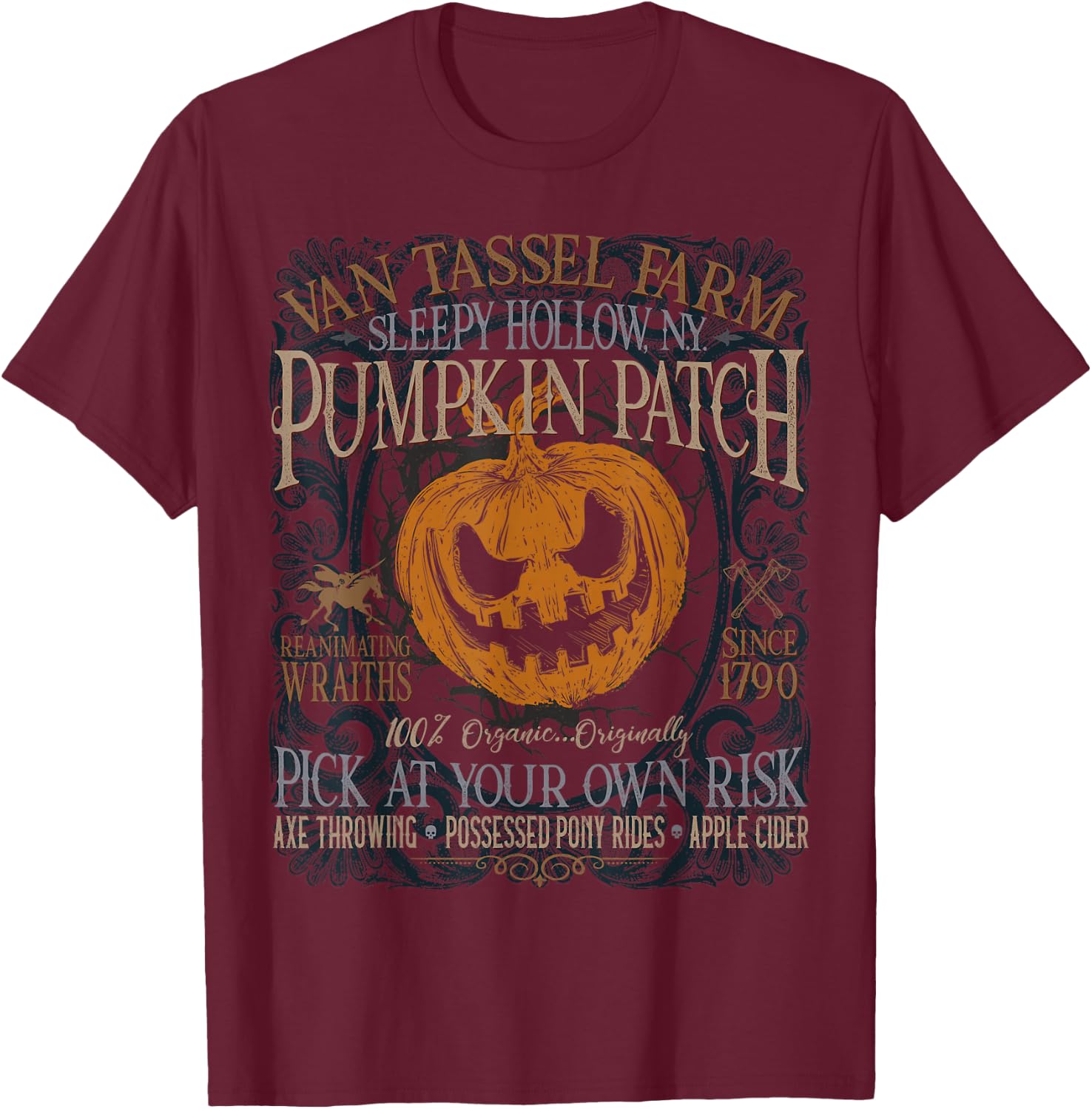 Sleepy Hollow Pumpkin Picking Farm Funny Halloween T-Shirt - T-Shirt | Maroon