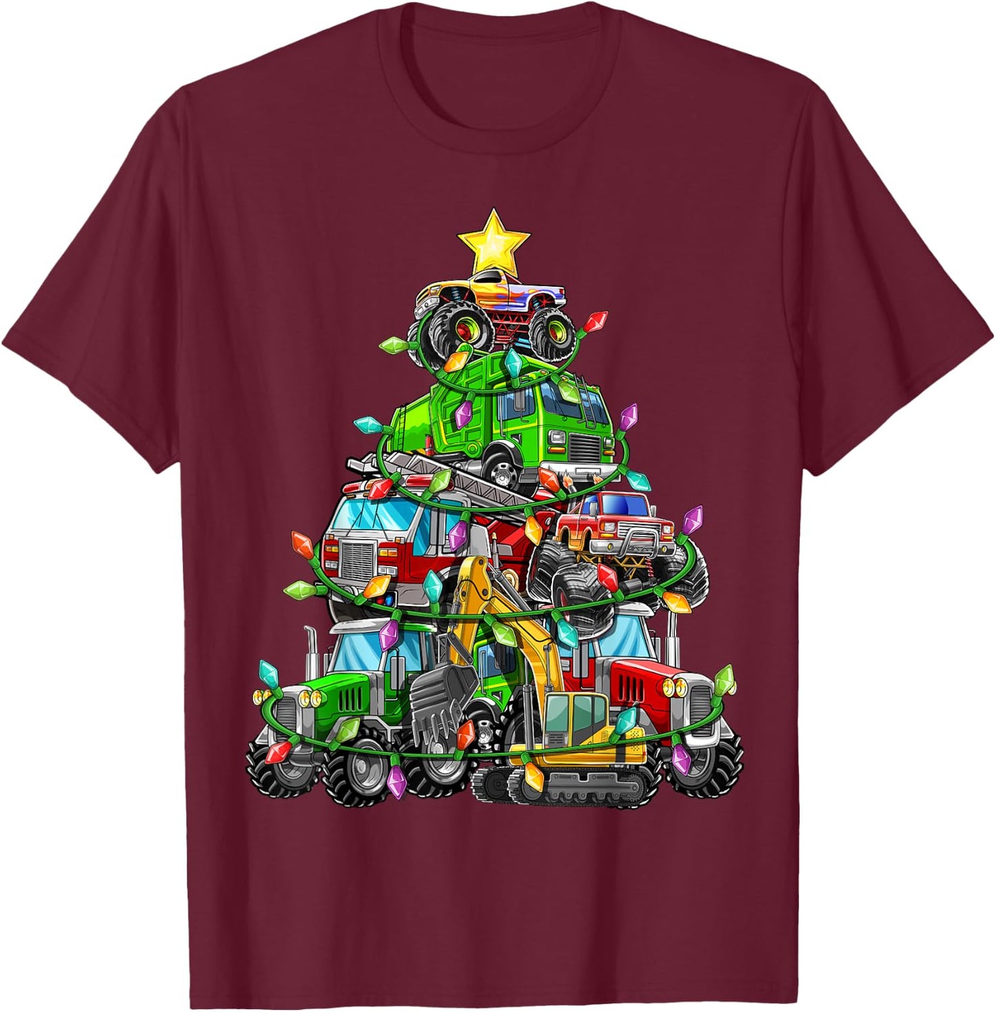 Christmas Tree Monster Truck Tractor Excavator Firetruck Boy T-Shirt - T-Shirt | Maroon