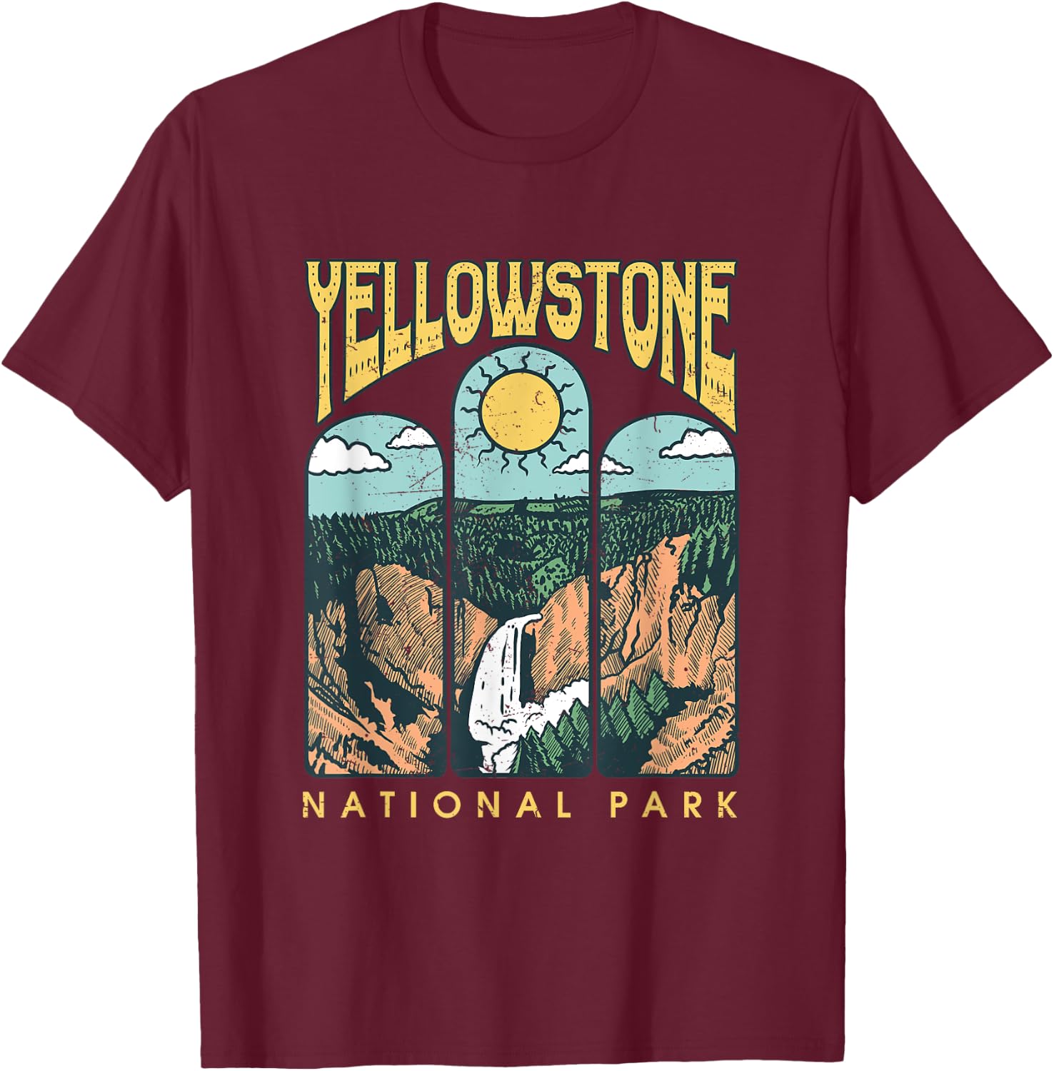 Vintage Yellowstone National Park Hiking Camping Travel T-Shirt - T-Shirt | Maroon