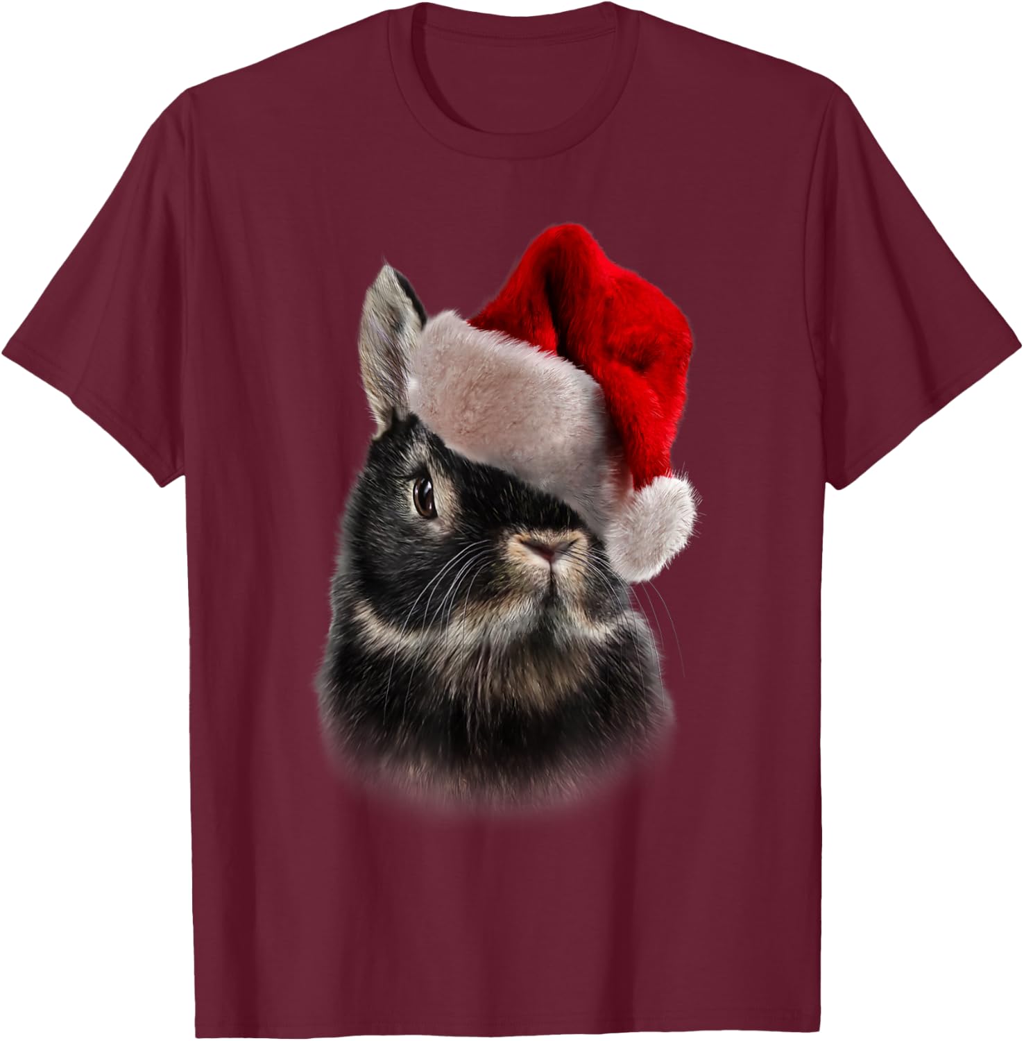 Netherland Dwarf Rabbit, Christmas Santa Hat, Bunny T-Shirt - T-Shirt | Maroon