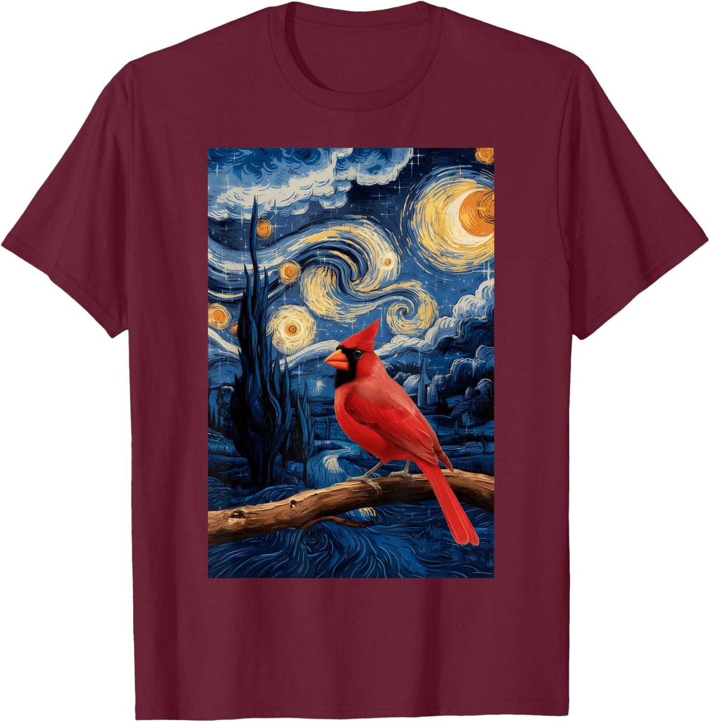 Cute Starry Red Cardinal Night For Bird Lovers T-Shirt - T-Shirt | Maroon