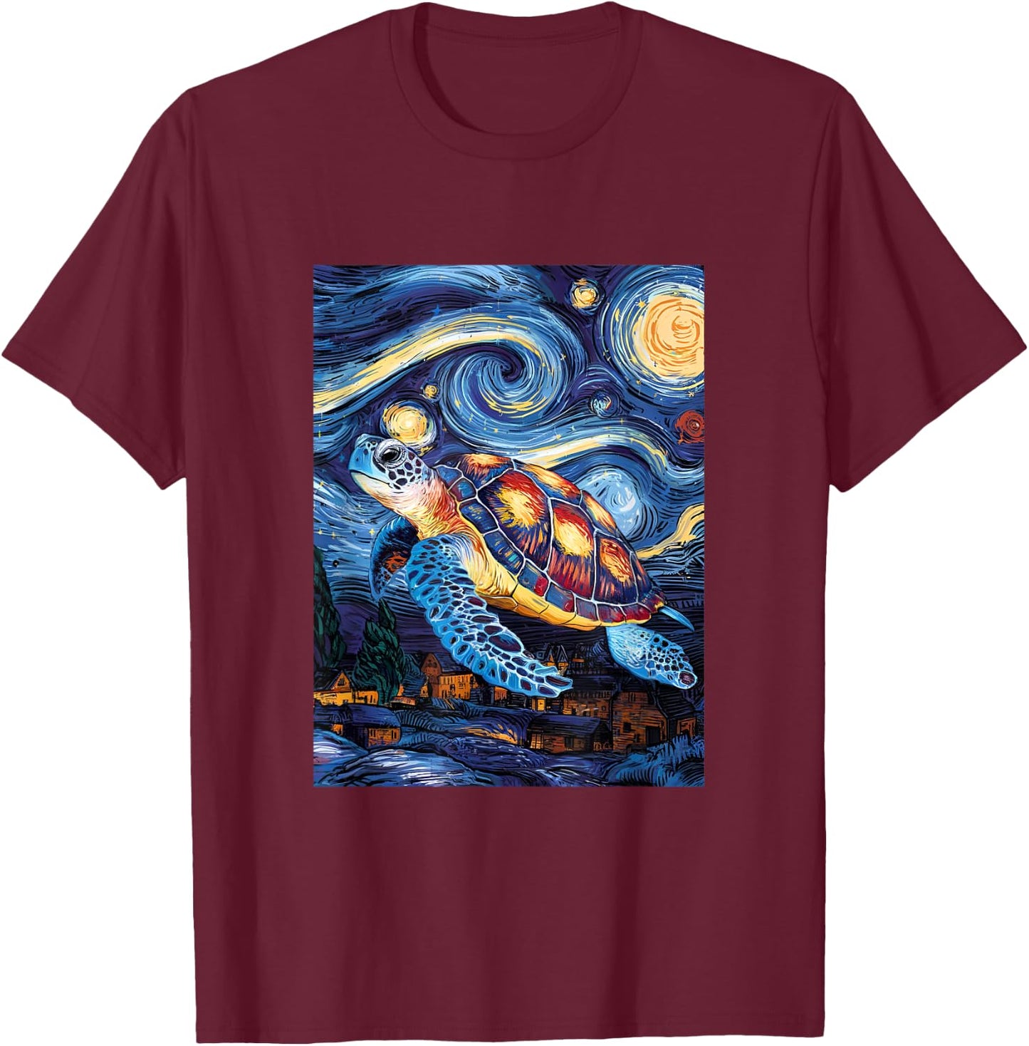 Artistic Sea Turtle Van Gogh Style Starry Night Turtle Art T-Shirt - T-Shirt | Maroon