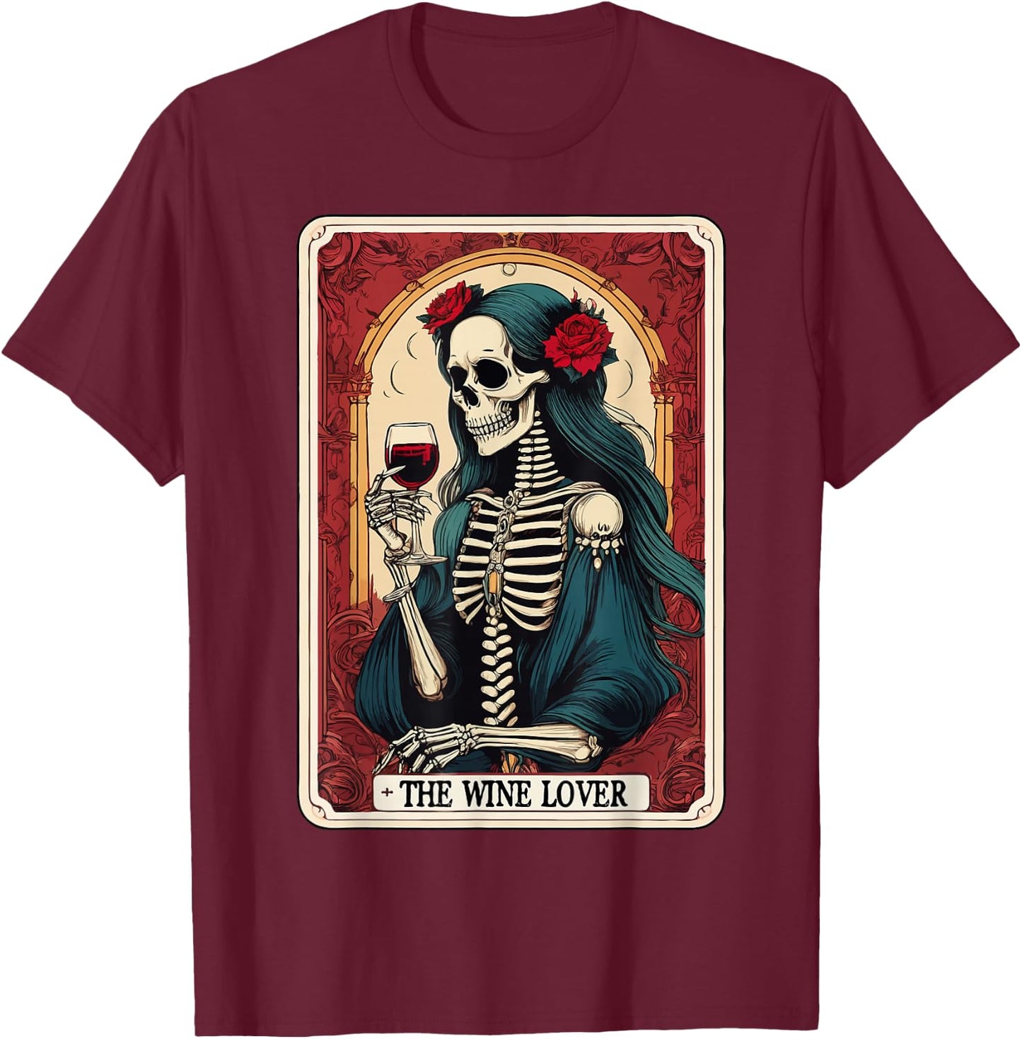 Wine Lover Tarot Card Skeleton Drinking Wine Goth Halloween T-Shirt - T-Shirt | Maroon