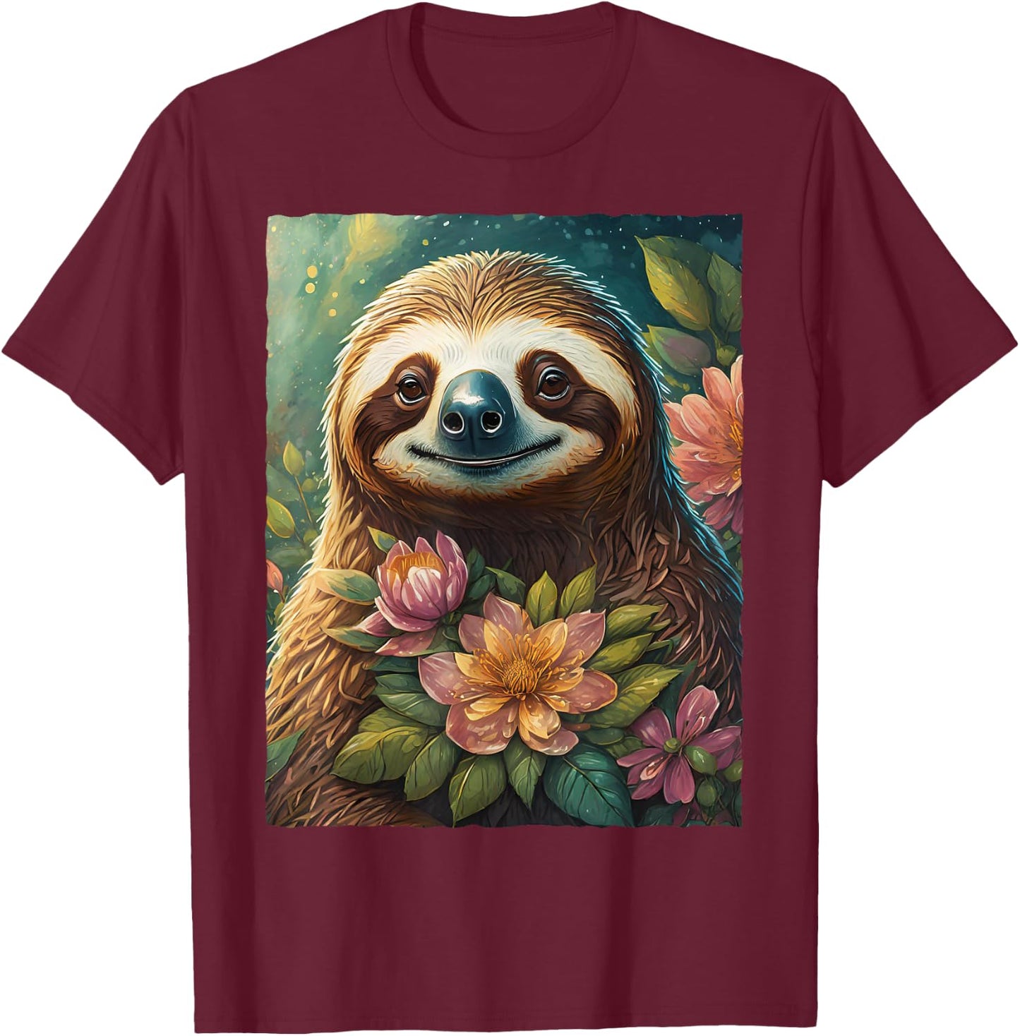 Cute Floral Sloth Watercolor Flowers Nature Animal Lover T-Shirt - T-Shirt | Maroon