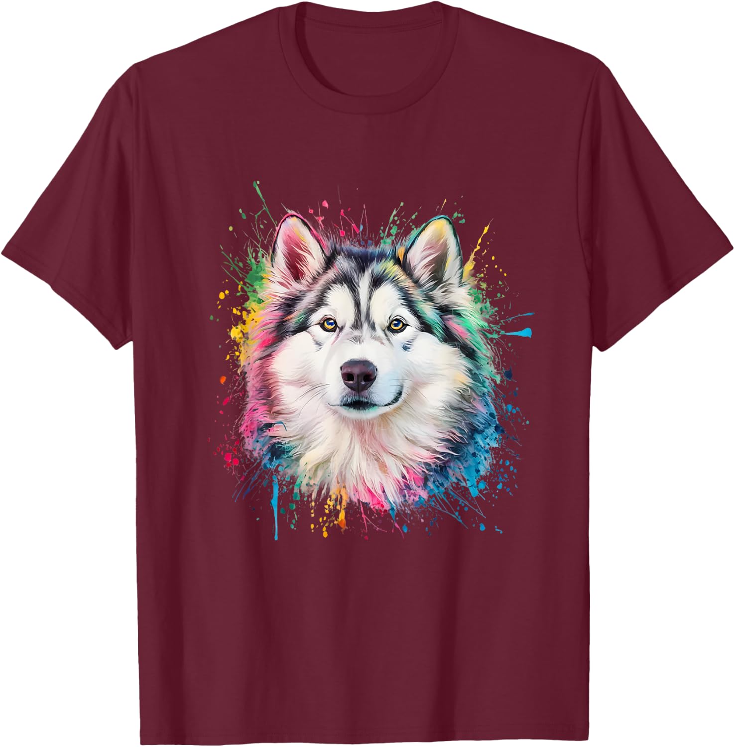Men Woman Colorful Watercolor Alaskan Malamute T-Shirt - T-Shirt | Maroon