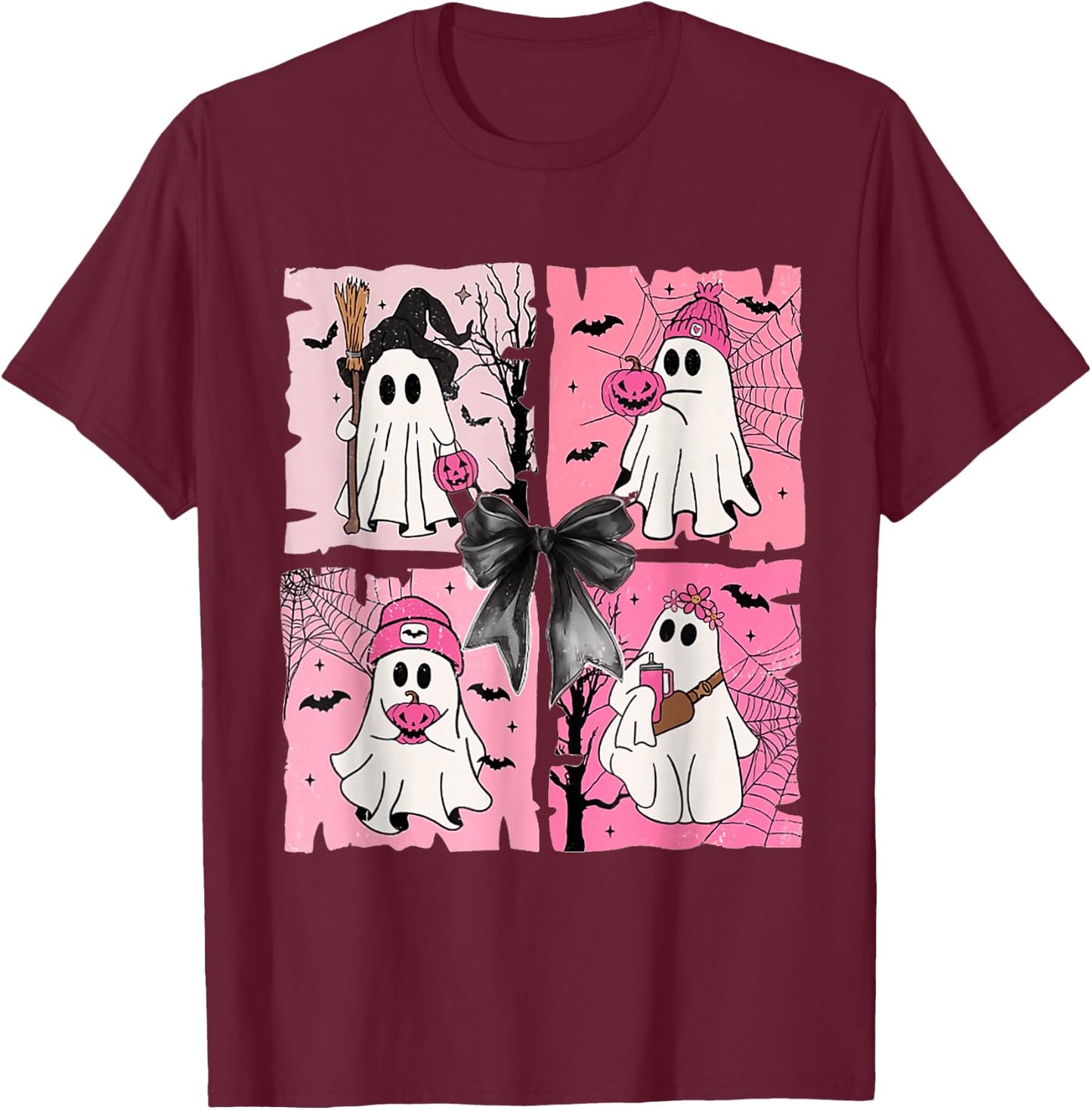 Girly Coquette Bow Ghost Spooky Season Halloween T-Shirt - T-Shirt | Maroon