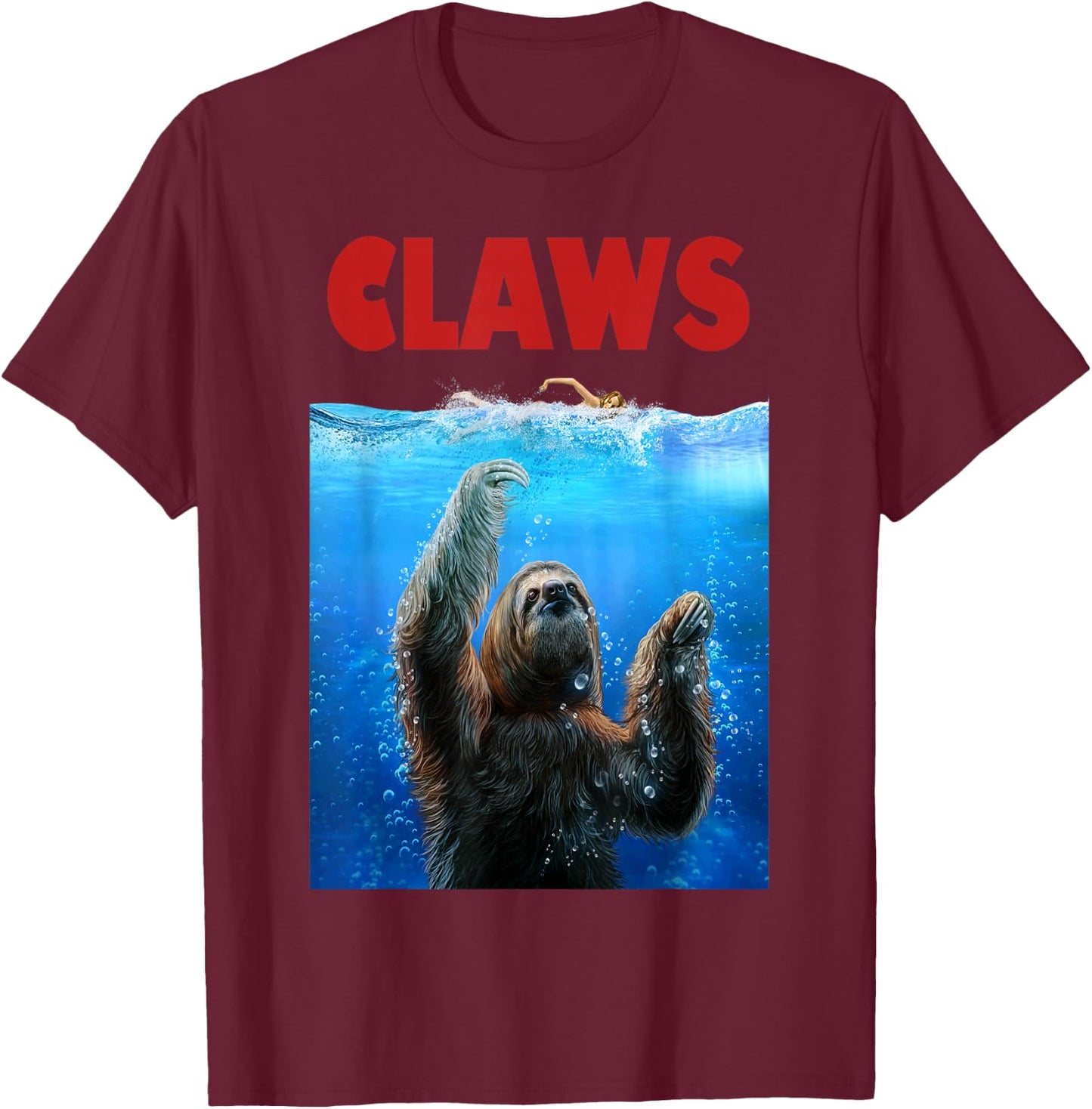 Giant Sloth Terrorizing Swimmer, Beware of Claws T-Shirt - T-Shirt | Maroon