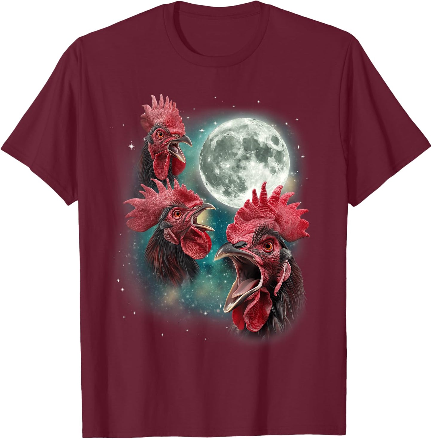 Three Rooster Moon | 3 Chickens Cluck At Moon Cursed Farm T-Shirt - T-Shirt | Maroon
