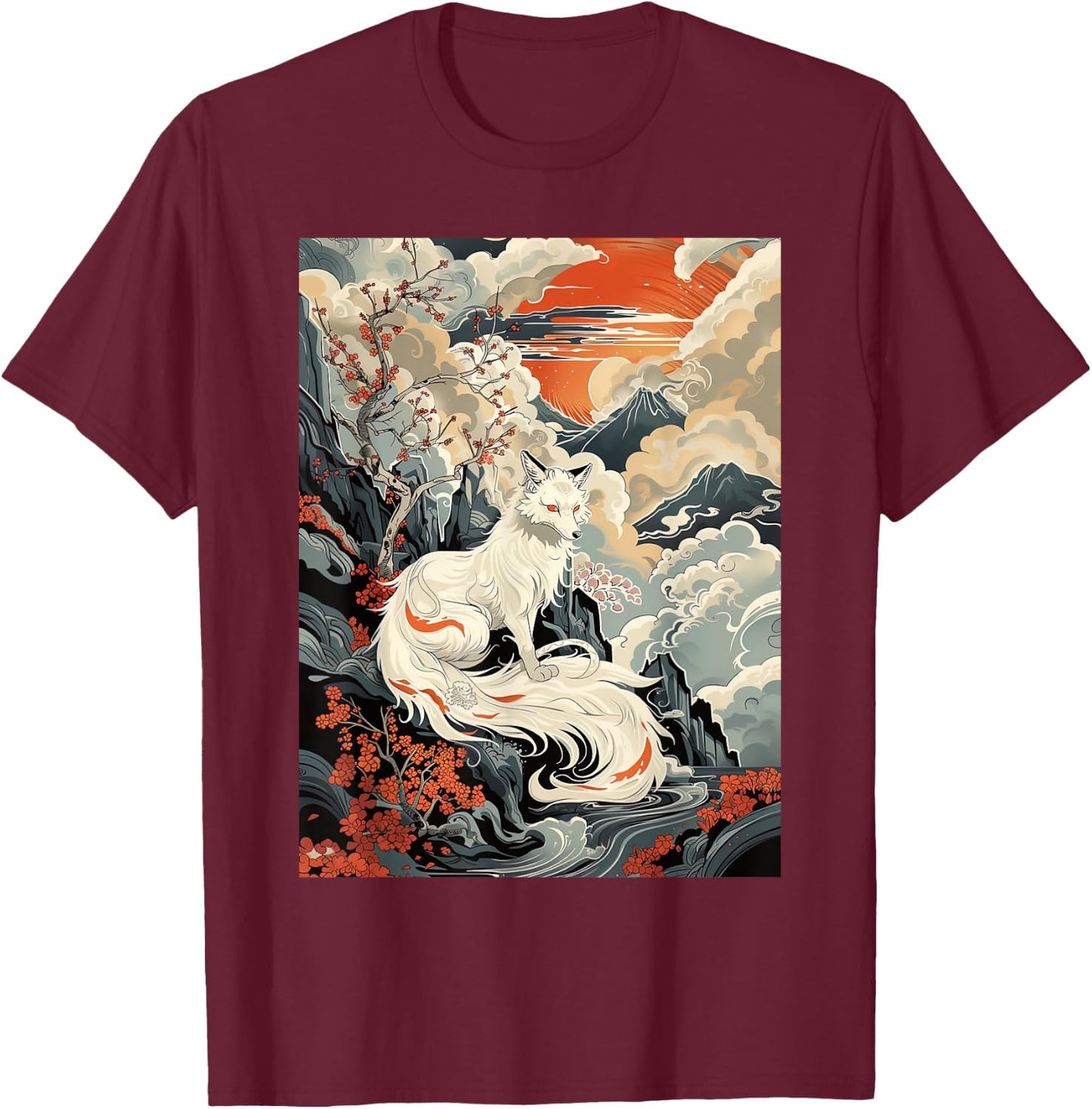 Vintage Japanese Woodblock Art Of Nine Tails Fox Kitsune Art T-Shirt - T-Shirt | Maroon