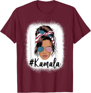 Kamala Harris Messy Bun Retro USA Patriotic American Flag T-Shirt - T-Shirt | Maroon