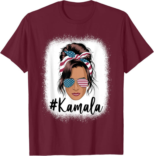 Kamala Harris Messy Bun Retro USA Patriotic American Flag T-Shirt - T-Shirt | Maroon