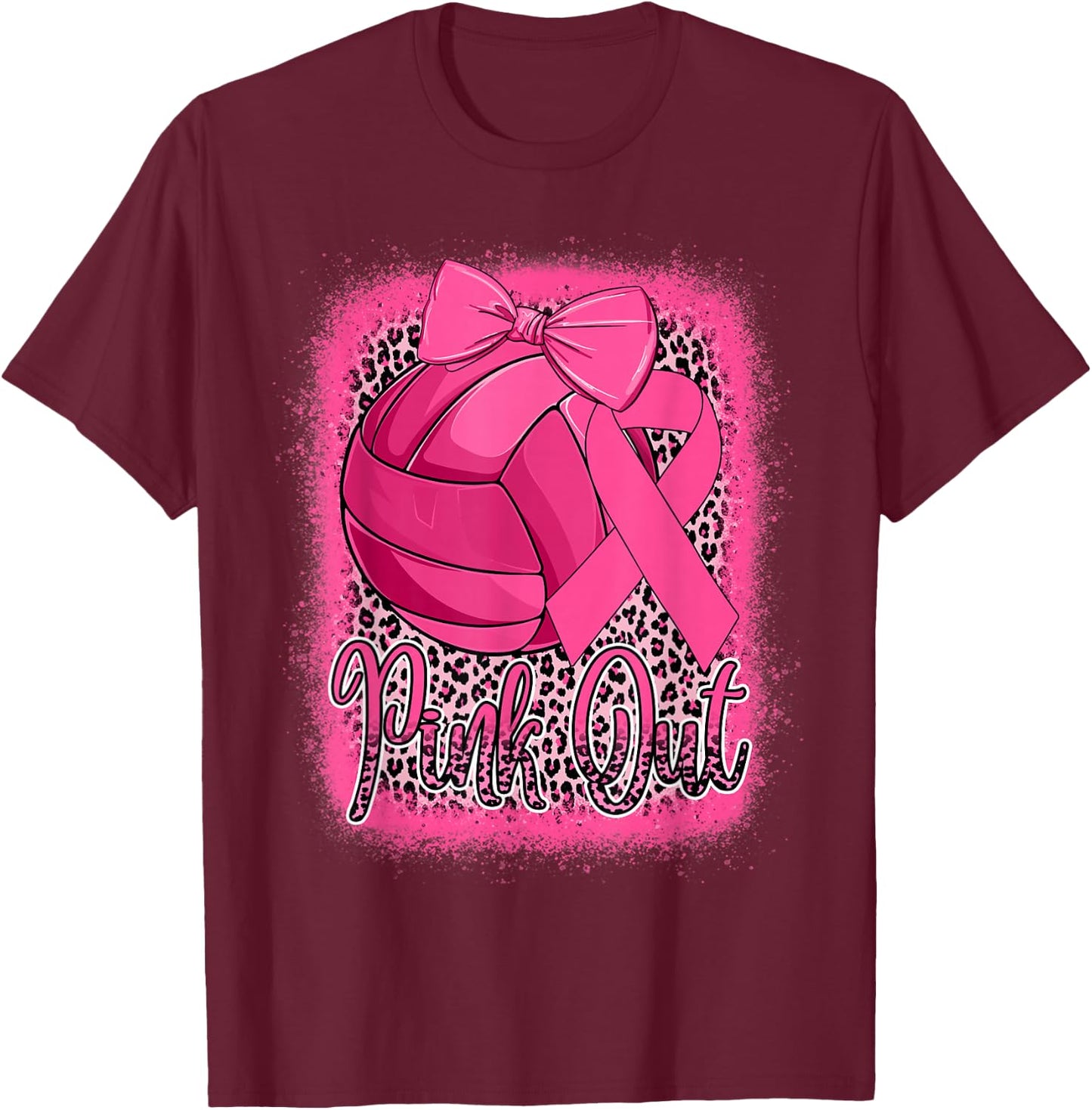 Pink Out Breast Cancer Awareness Volleyball Leopard Bleached T-Shirt - T-Shirt | Maroon