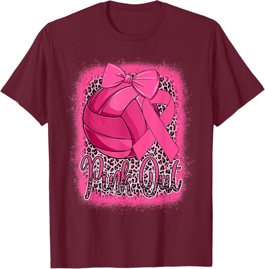 Pink Out Breast Cancer Awareness Volleyball Leopard Bleached T-Shirt - T-Shirt | Maroon