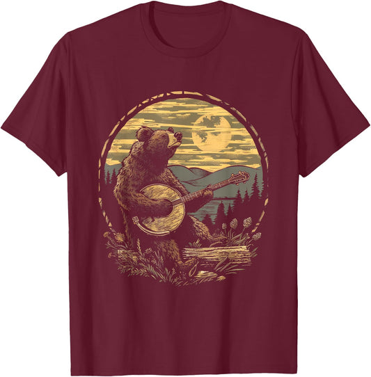 Cottagecore Aesthetic Bear Playing Banjo T-Shirt - T-Shirt | Maroon