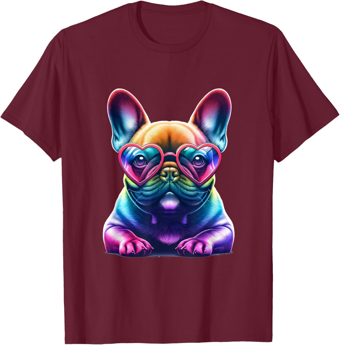 Rainbow Frenchie Wearing Heart Glasses Puppy Love Dog Funny T-Shirt - T-Shirt | Maroon