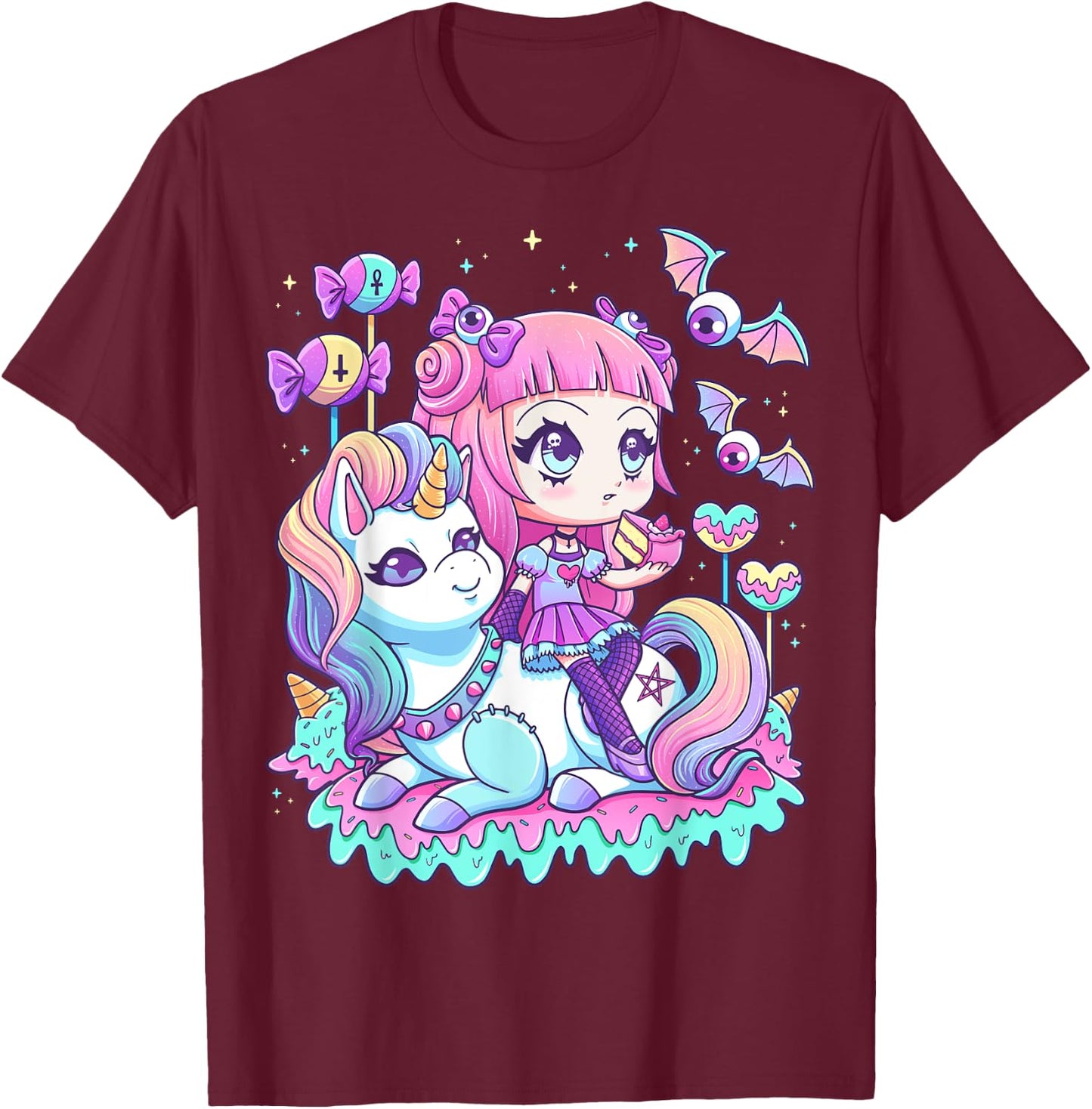 Pastel Goth Cute Creepy Girl Unicorn Kawaii Menhera Witchy T-Shirt - T-Shirt | Maroon