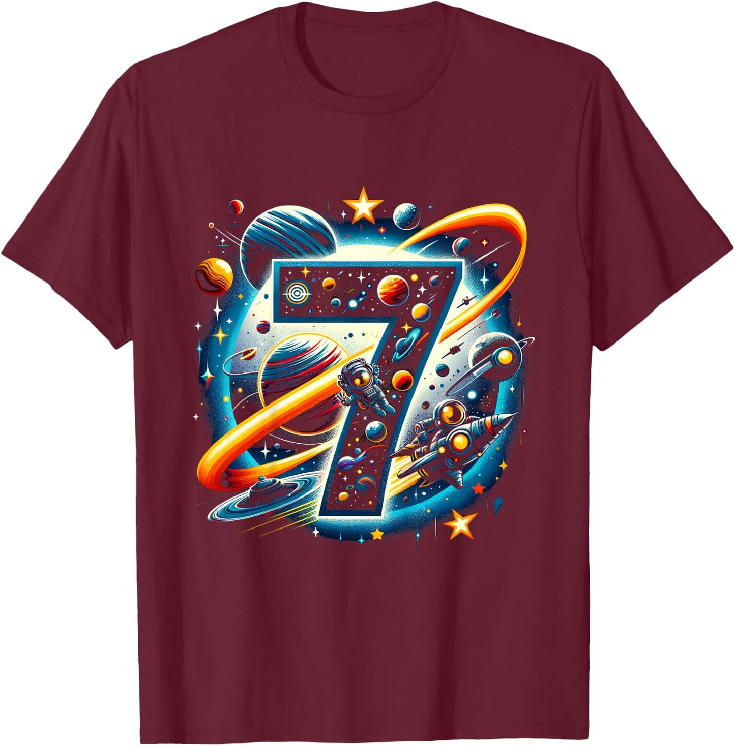 Kids Astronaut 7th Birthday Space Boys 7 Years Spaceship T-Shirt - T-Shirt | Maroon