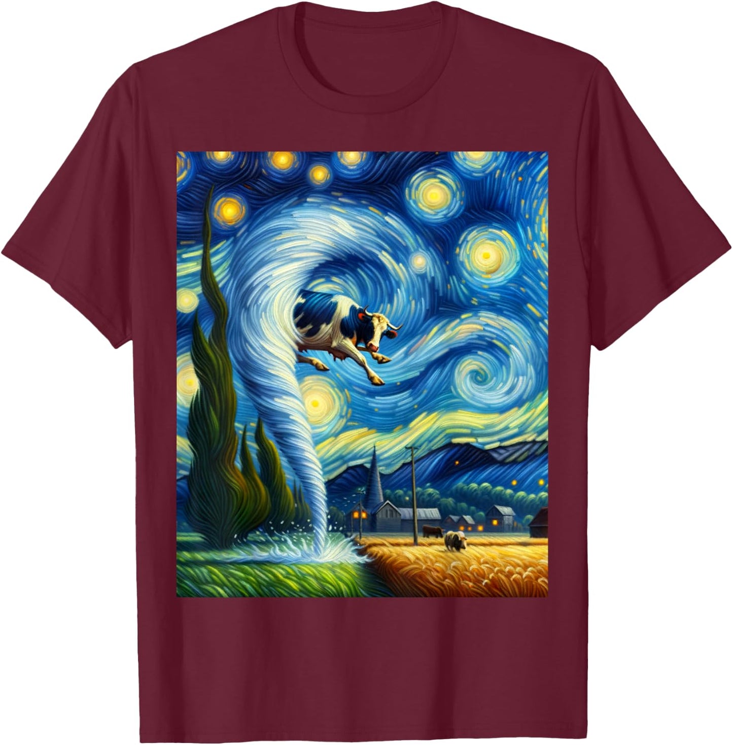 Tornado, Storm Chasing Van Gogh Starry Night Style T-Shirt - T-Shirt | Maroon