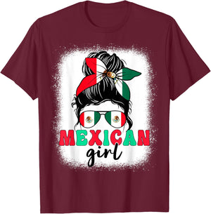 Mexican Girl Messy Bun Mexico Flag Patriotic Women Kids T-Shirt - T-Shirt | Maroon