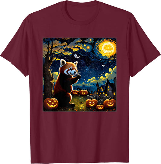 Spooky Halloween Red Panda Starry Night T-Shirt - T-Shirt | Maroon